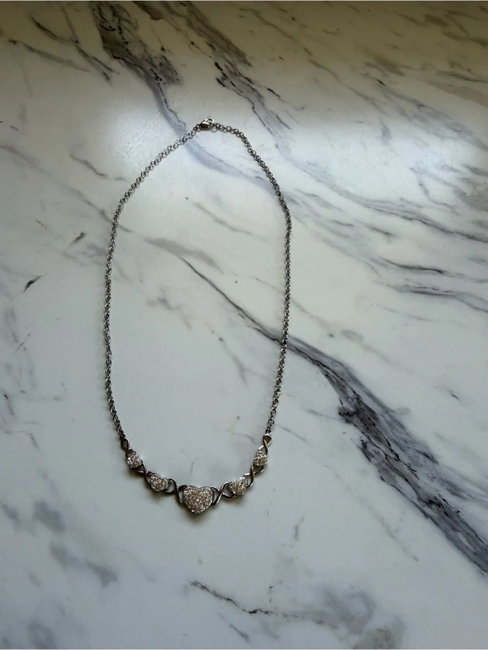 Vintage Silver Tone Rhinestone Heart Necklace ✨ Romantic Y2K